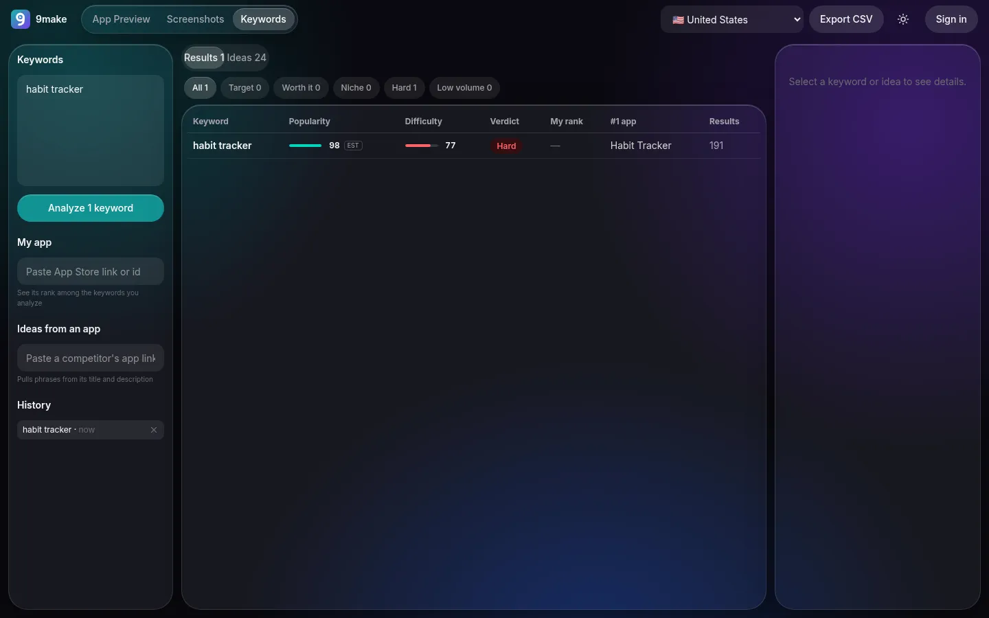 The 9make keyword tool showing popularity and difficulty scores for a keyword