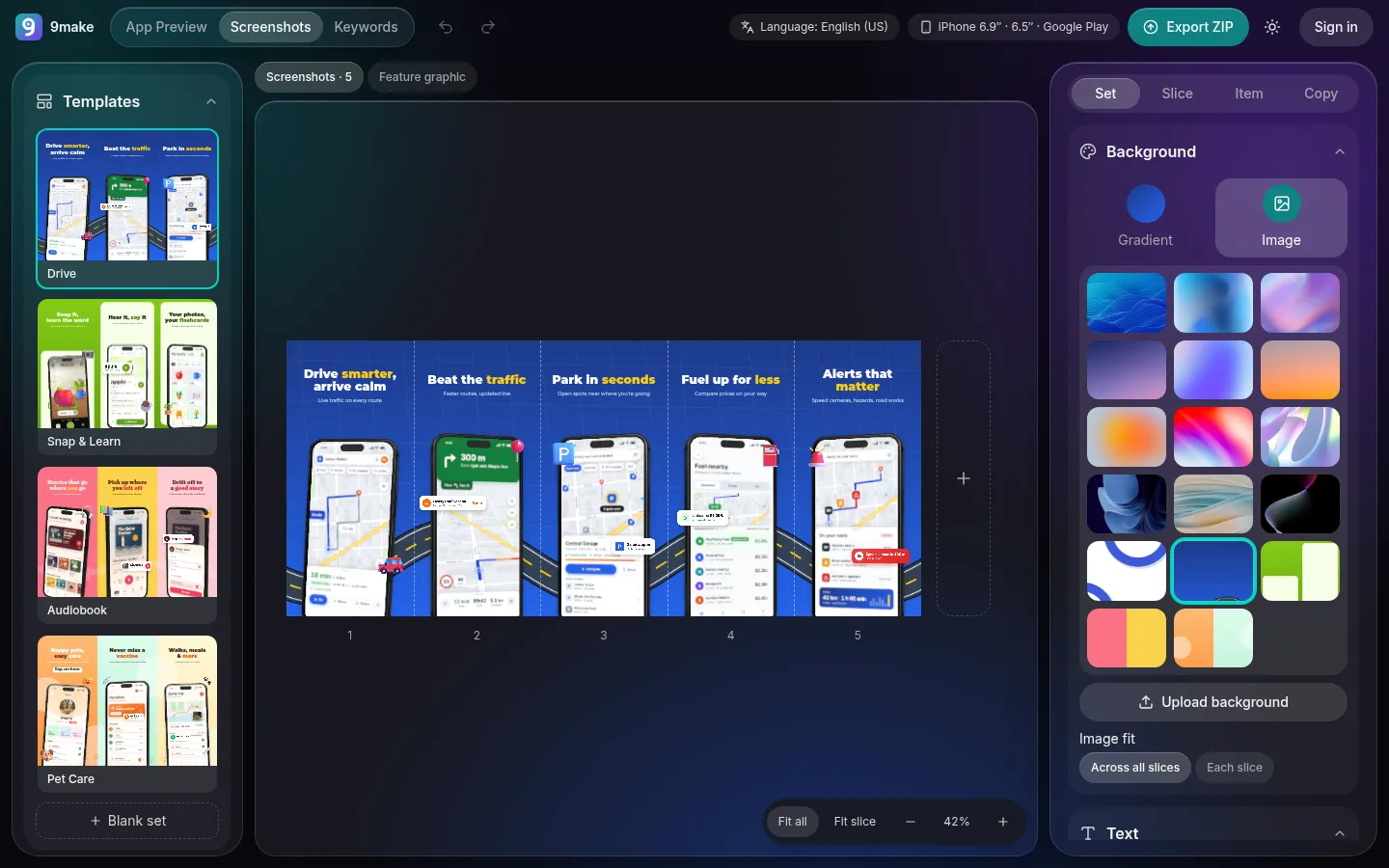 The 9make screenshot editor showing a five-screenshot set with phone frames