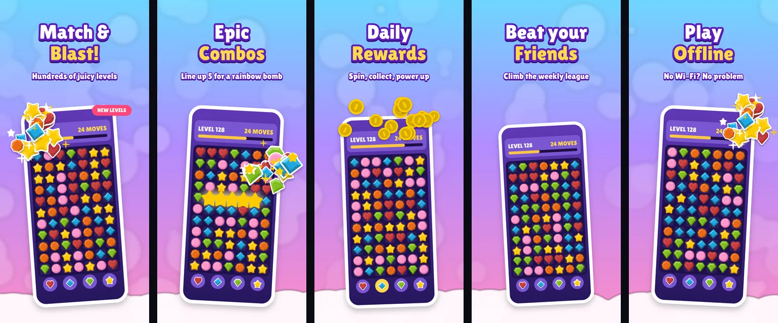The five Gem Pop game screenshots exported from 9make