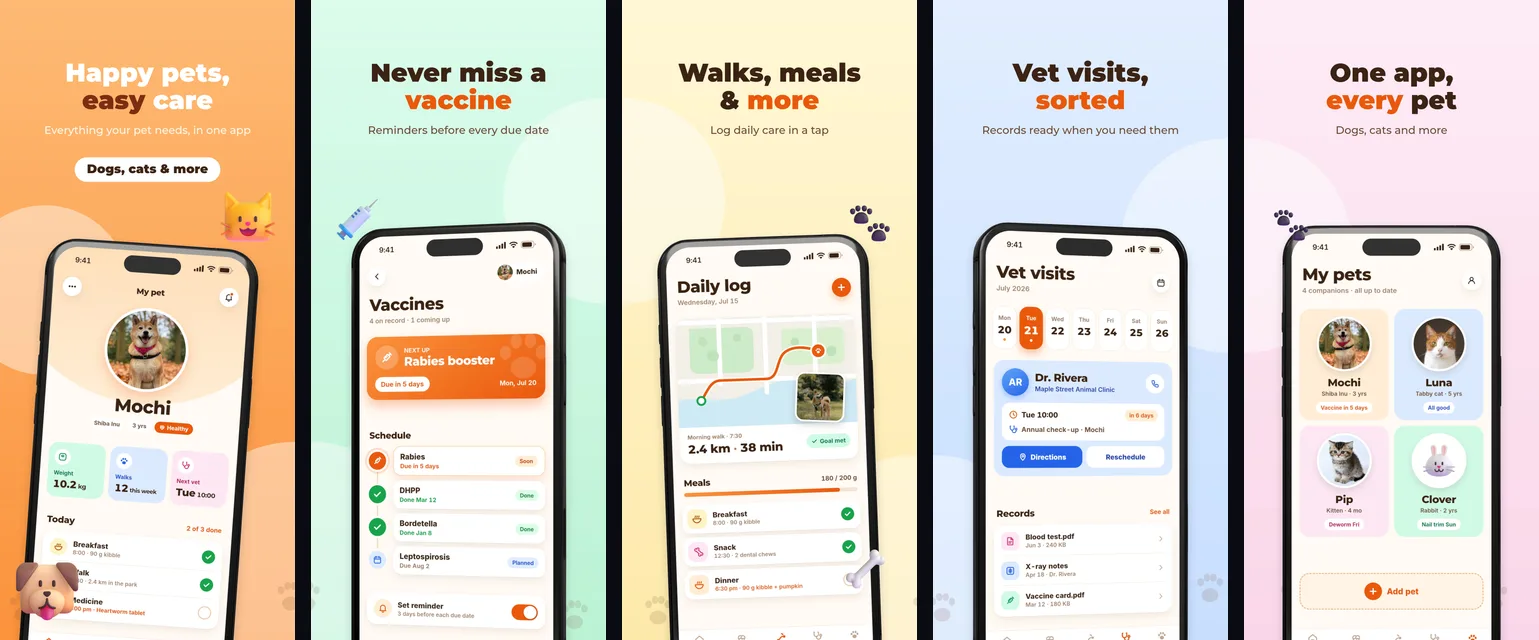 The five Pet Care template screenshots exported from 9make