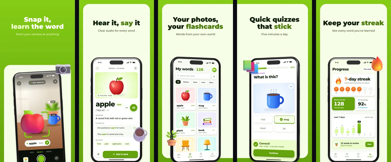The five Snap & Learn template screenshots exported from 9make