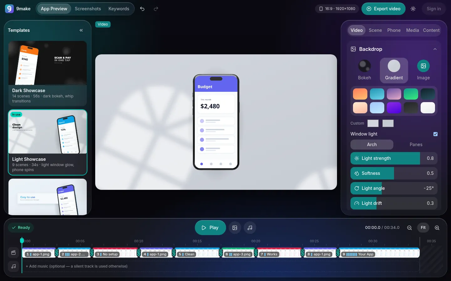 The 9make preview video editor with the Light Showcase template loaded